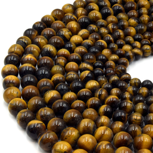 Large Hole Tigers Eye Beads | Tiger Eye Smooth Round Shaped Beads with 2mm Holes | 7.5&quot; Strand | 8mm 10mm 12mm Available | Loose Beads