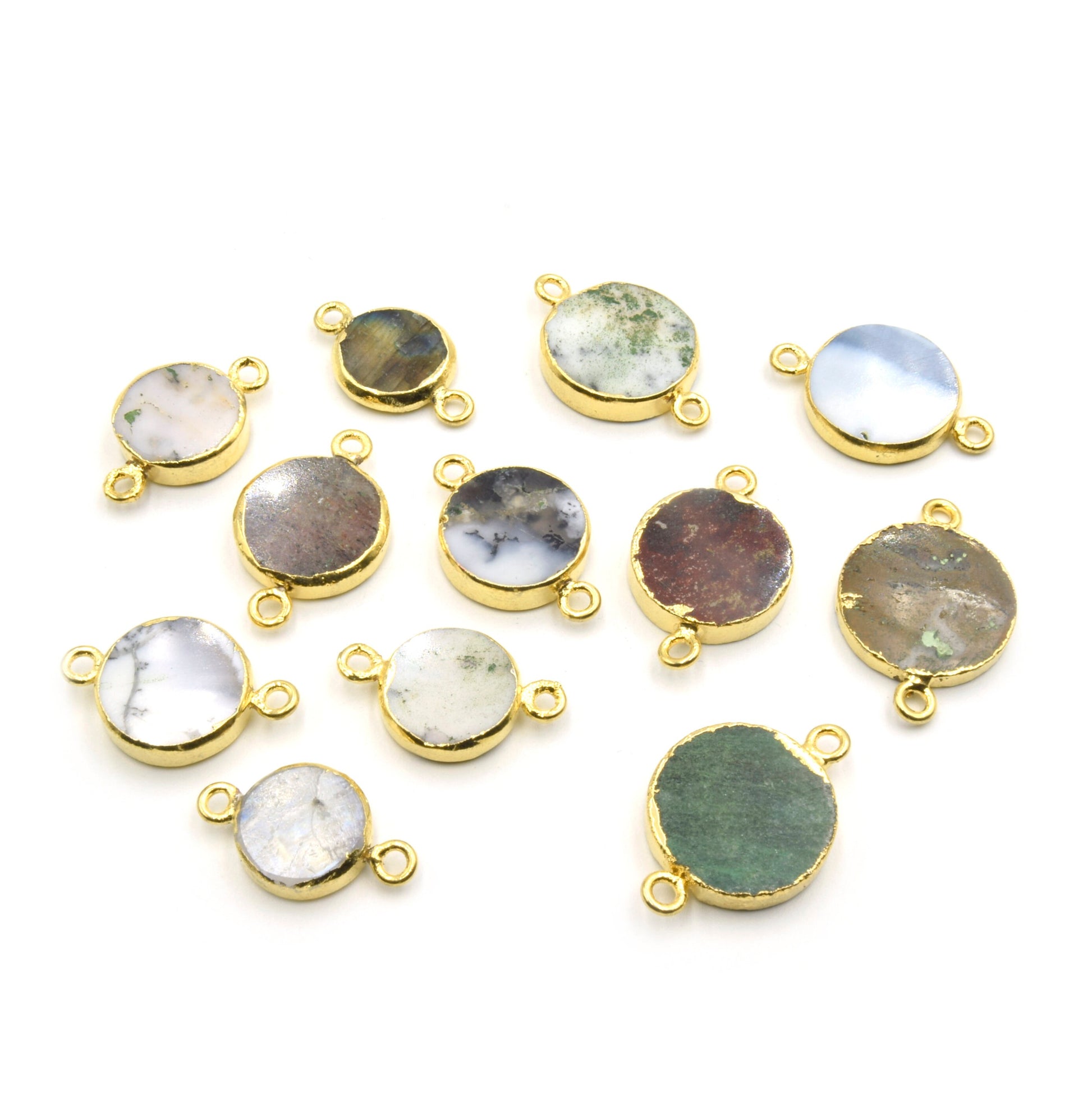 Gemstone Connectors | Electroplated Smooth Flat Round Connectors | Aventurine Agate Jasper Opal Quartz Vasonite | Three Sizes Available