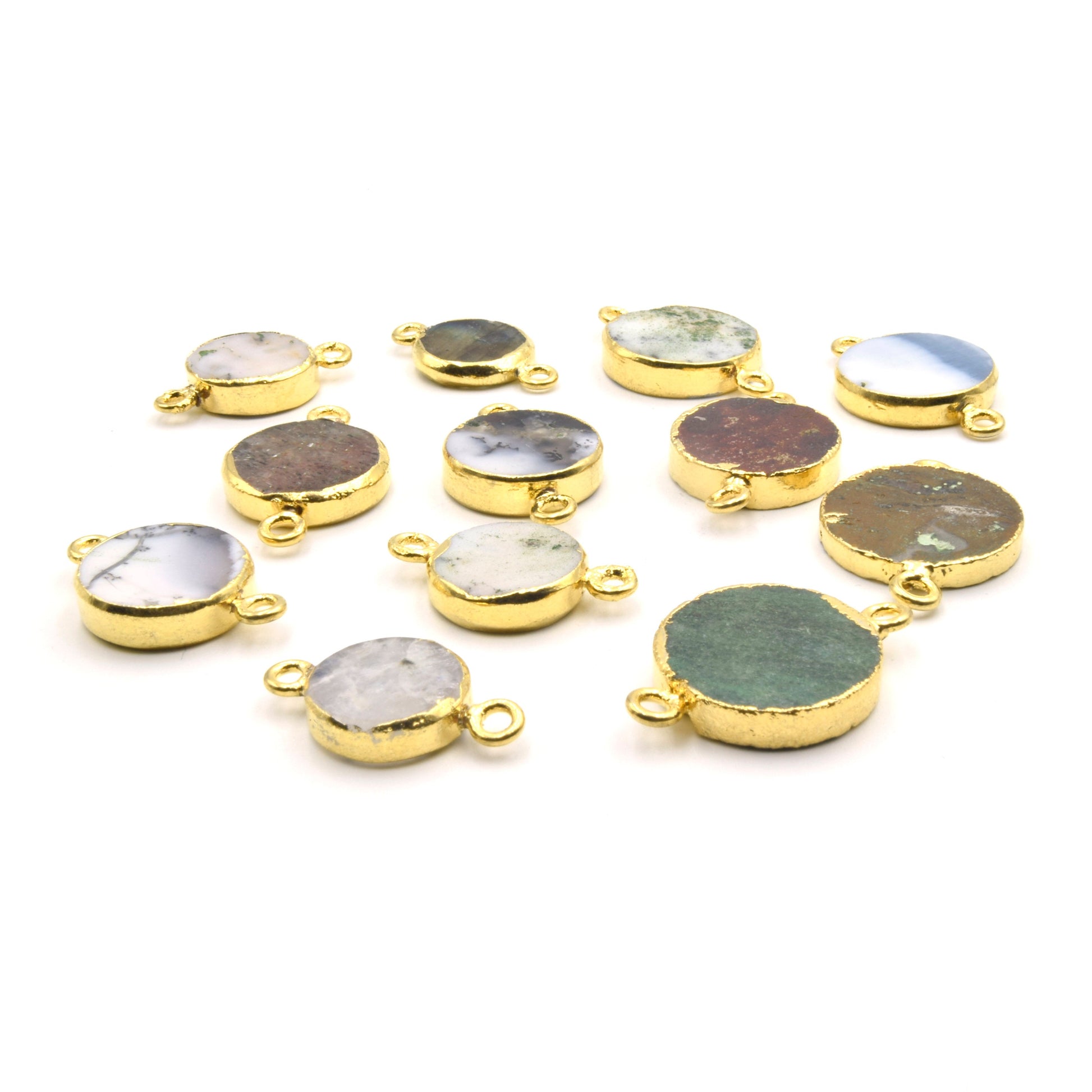 Gemstone Connectors | Electroplated Smooth Flat Round Connectors | Aventurine Agate Jasper Opal Quartz Vasonite | Three Sizes Available