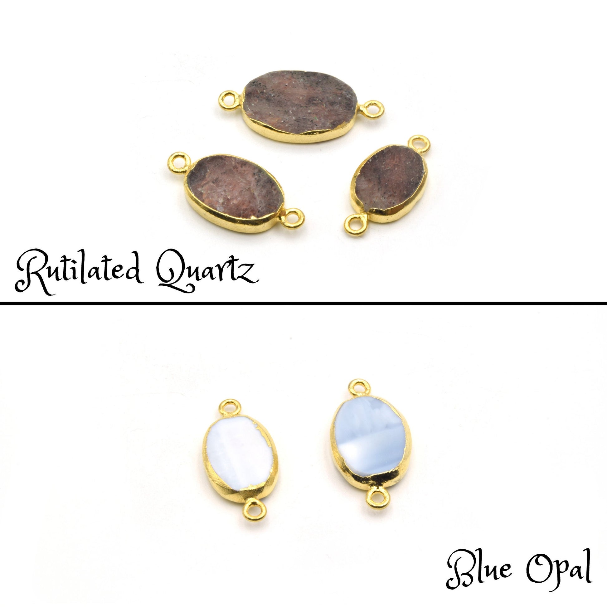 Oval Gemstone Connectors | Electroplated Smooth Flat Oval Connectors | Aventurine Agate Jasper Opal Quartz Vasonite | Three Sizes Available