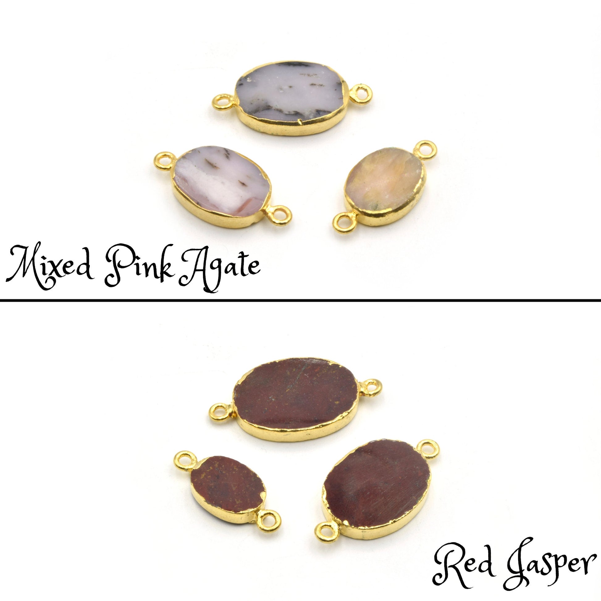 Oval Gemstone Connectors | Electroplated Smooth Flat Oval Connectors | Aventurine Agate Jasper Opal Quartz Vasonite | Three Sizes Available