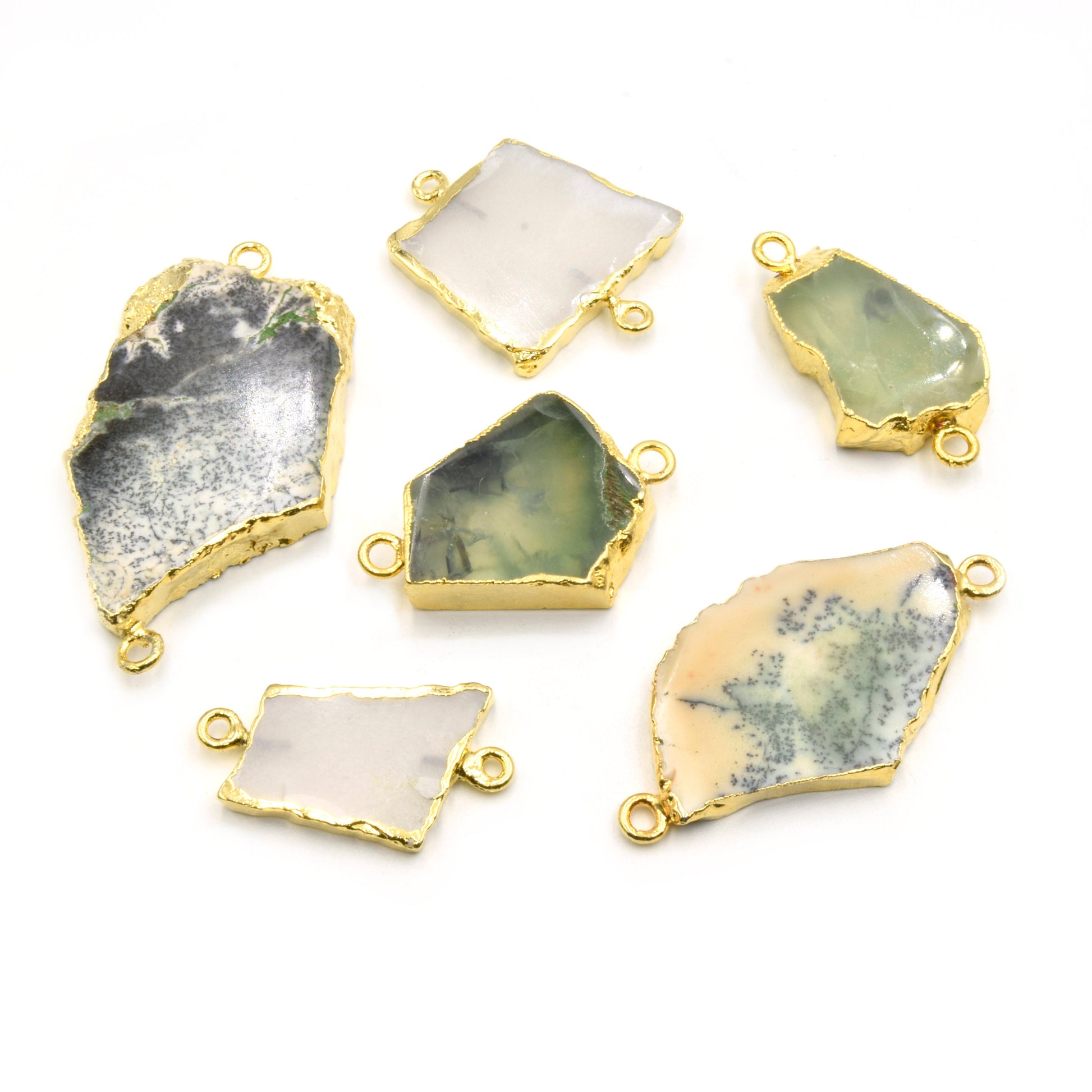 Gemstone Slab Connectors | Gold Pleated Freeform Charm Connectors | Gray Moonstone, Prehnite, Dendritic Opal