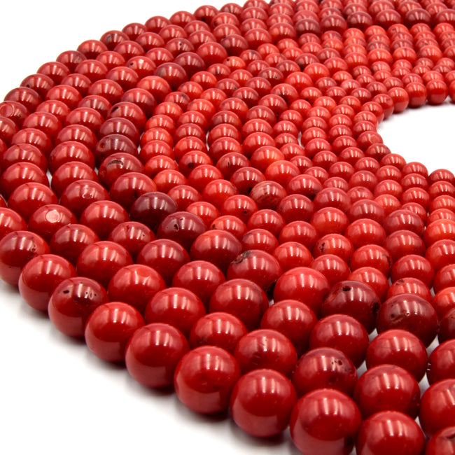 8mm Smooth Round, Red Coral Bamboo Beads (16 Strand)