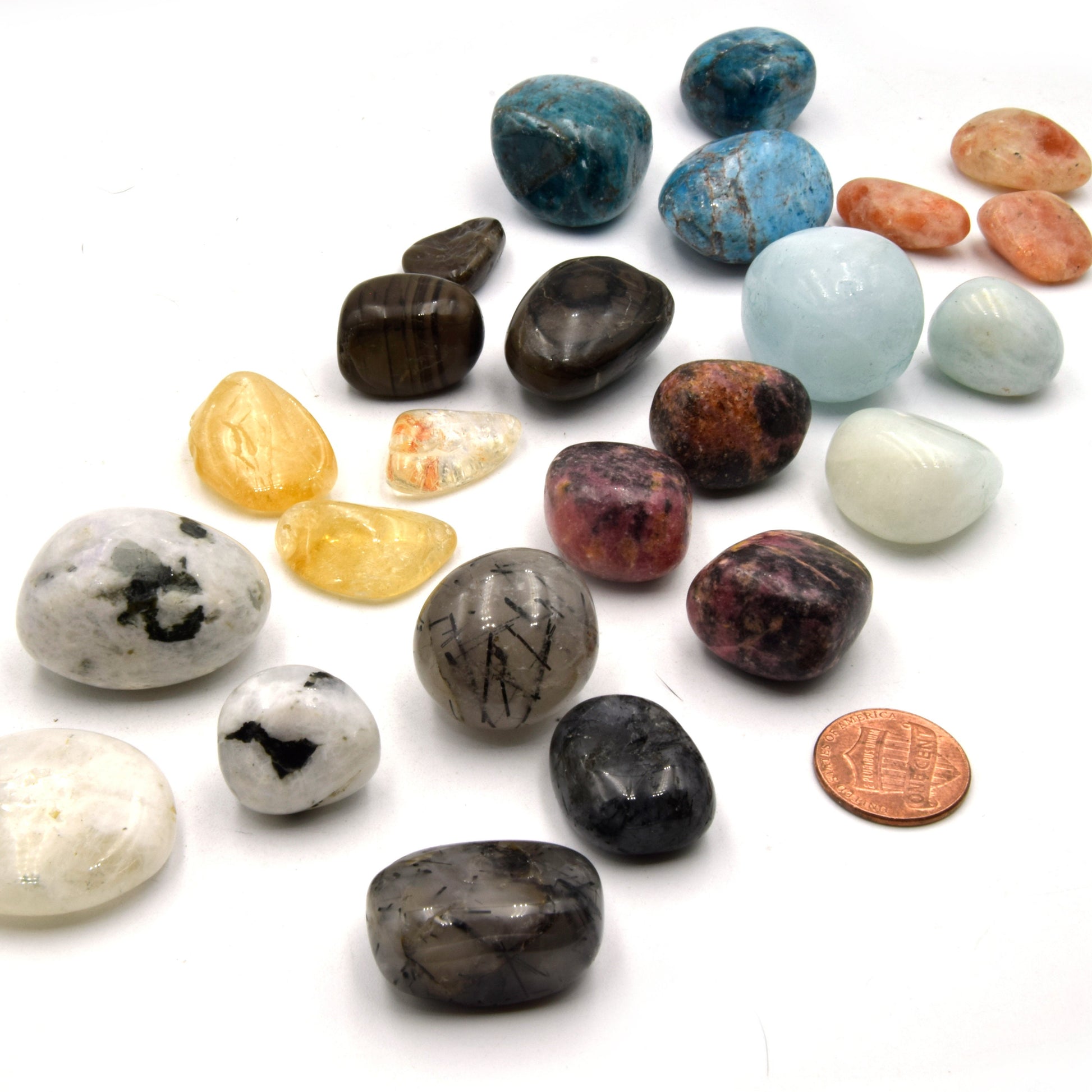 Gemstone Tumbles | 200 Gram Bags | Aquamarine, Zebra Jasper, Rhodonite, Moonstone, Rutilated Quartz, Apatite, Sunstone, Citrine | Bulk Stone