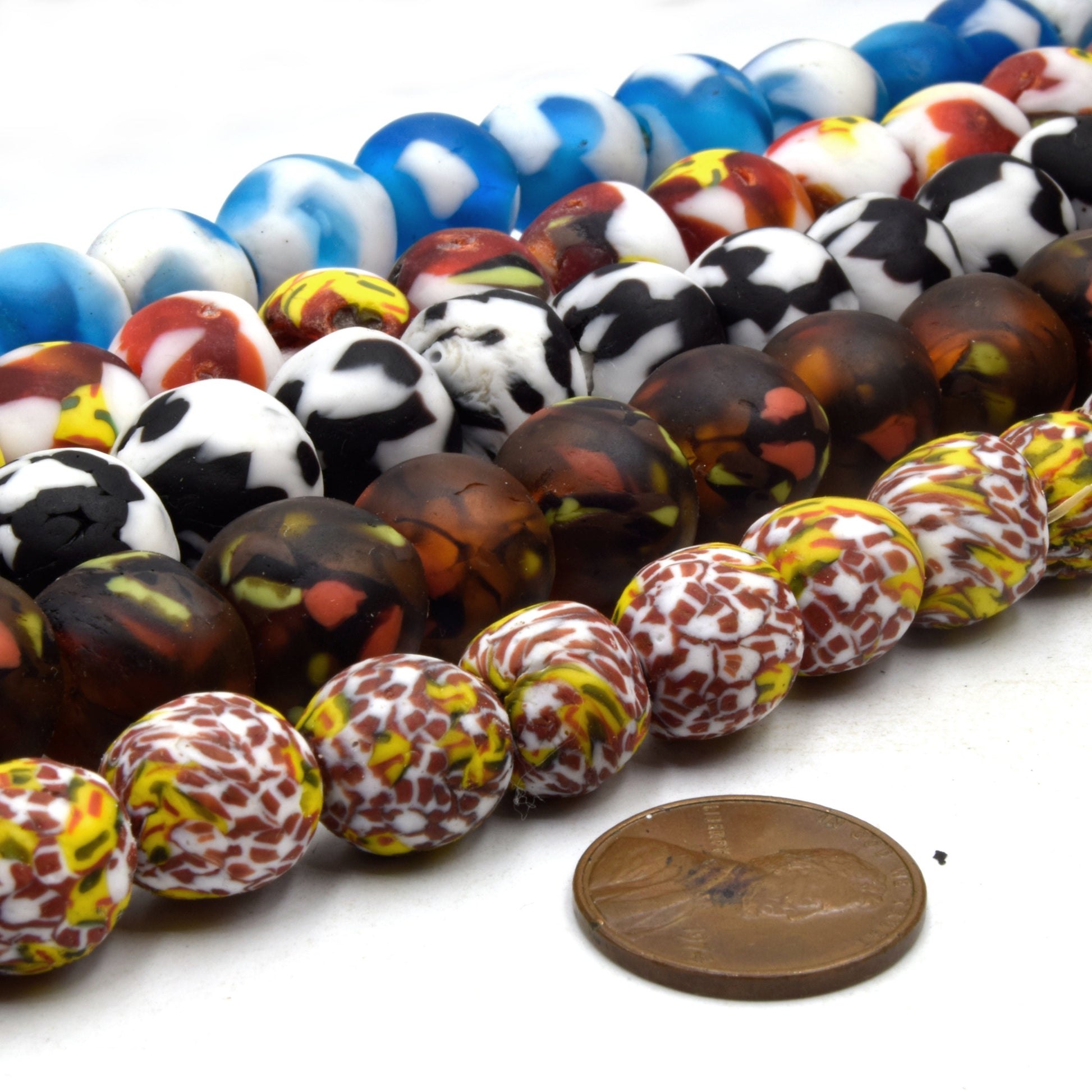 Decorative African Glass Beads | 14mm Recycled African Glass Round Rondelle Beads - Sold by Approx. 22" Strand (~40 Beads)