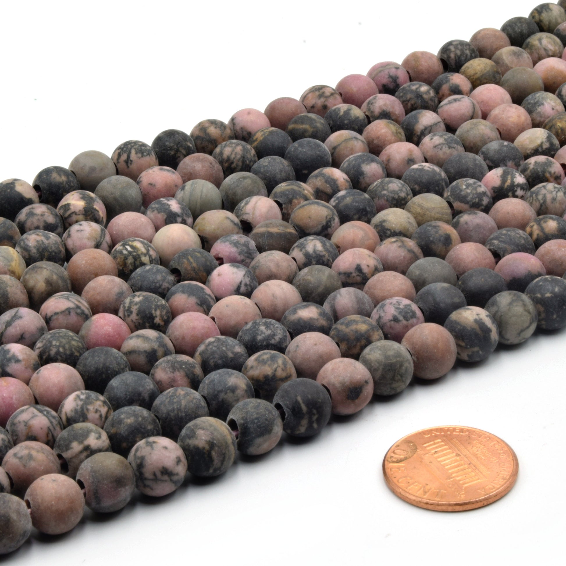 Large Hole Dendritic Rhodonite Beads | Matte Dendritic Rhodonite Round Shaped Beads with 2mm Holes | 7.5" Strand 