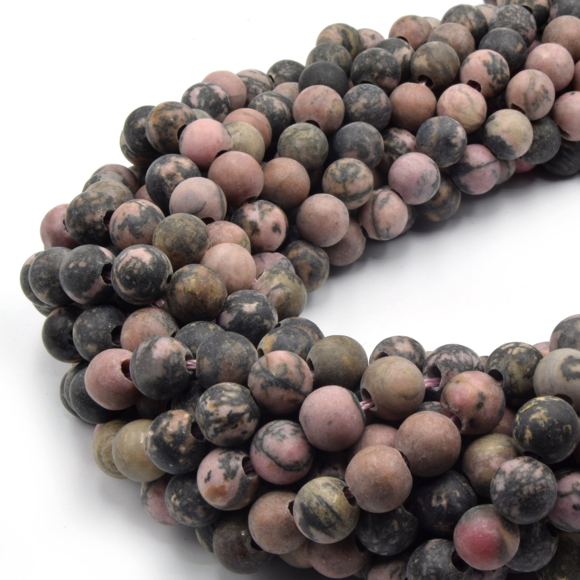 Large Hole Dendritic Rhodonite Beads | Matte Dendritic Rhodonite Round Shaped Beads with 2mm Holes | 7.5" Strand 