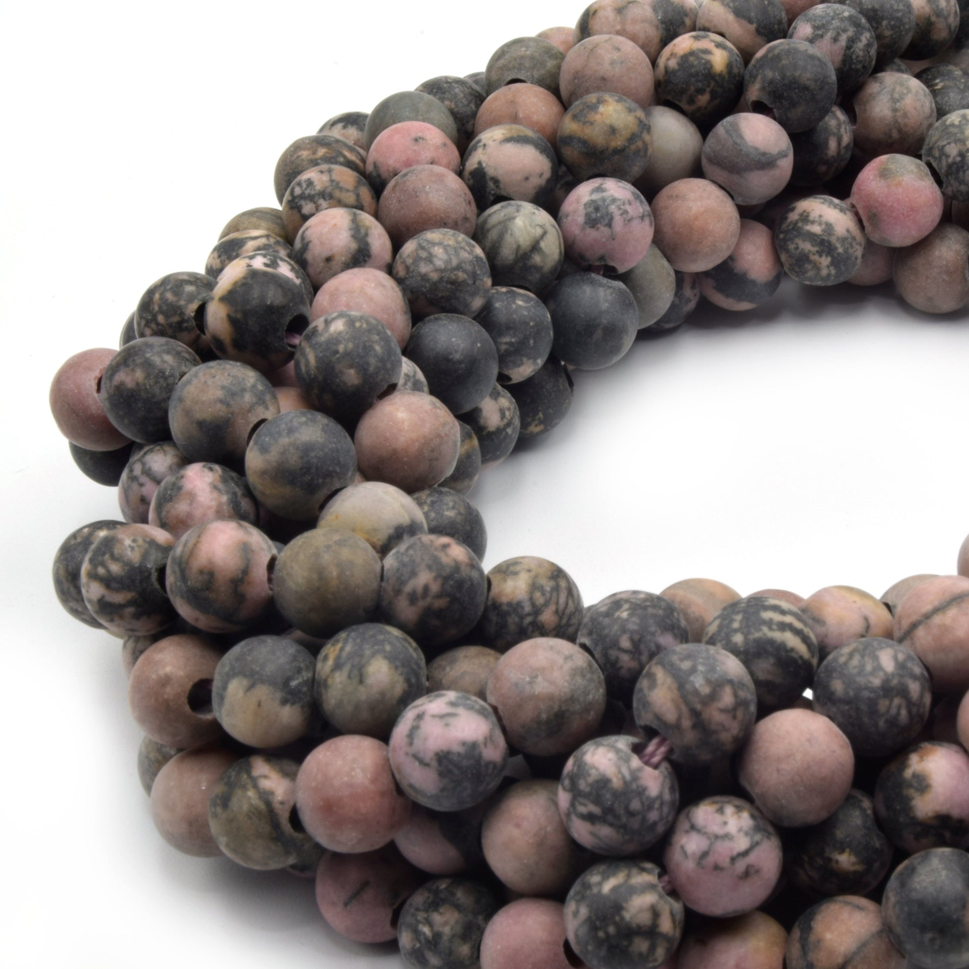 Large Hole Dendritic Rhodonite Beads | Matte Dendritic Rhodonite Round Shaped Beads with 2mm Holes | 7.5" Strand 