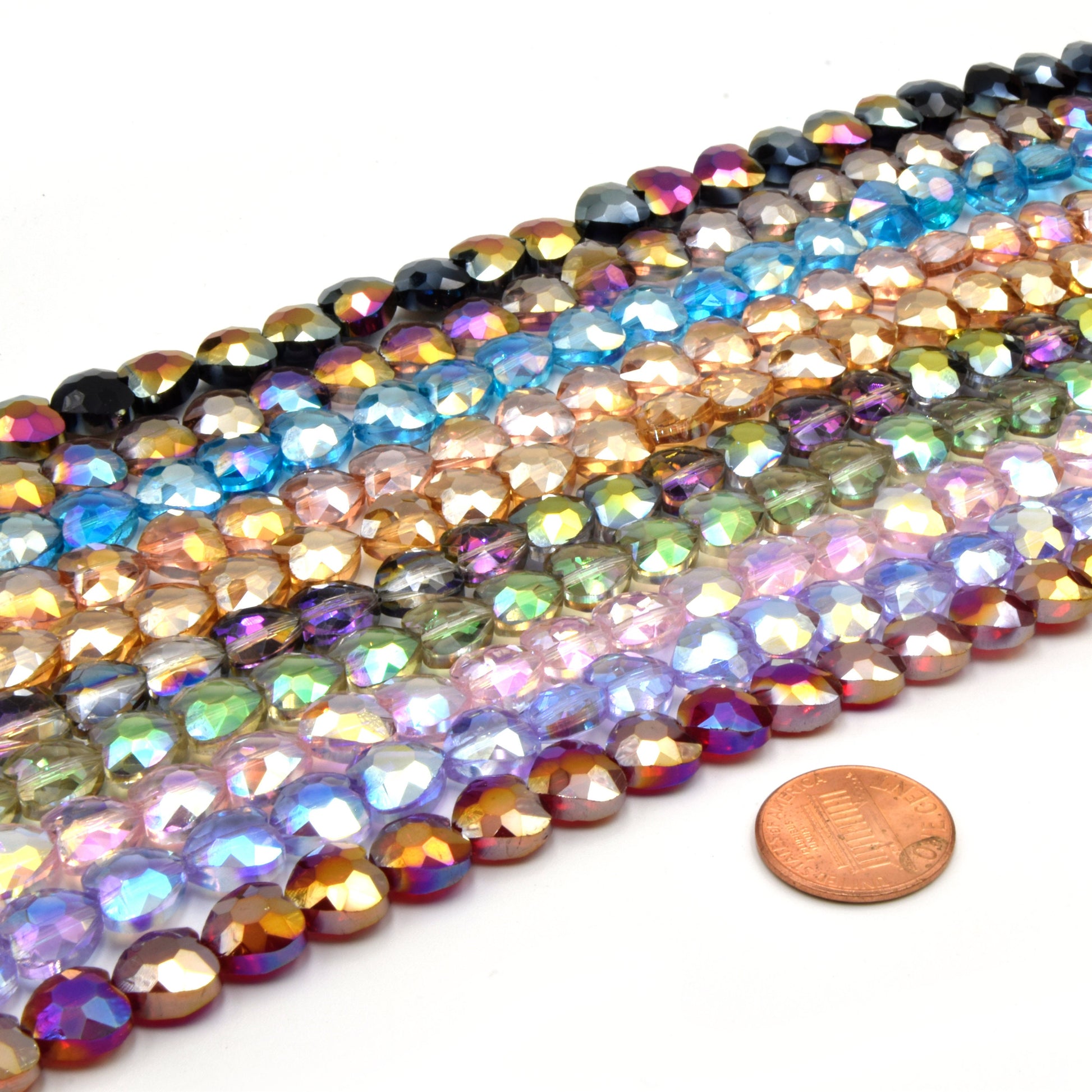 Chinese Crystal Beads | Mystic Coated Faceted Heart Beads | AB Coated Chinese Crystal Hearts 