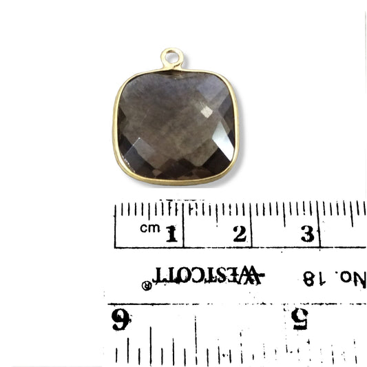 Gold Plated Faceted Smoky Brown Hydro (Lab Created) Quartz Square Shaped Bezel Pendant - Measuring 18mm x 18mm - Sold Individually