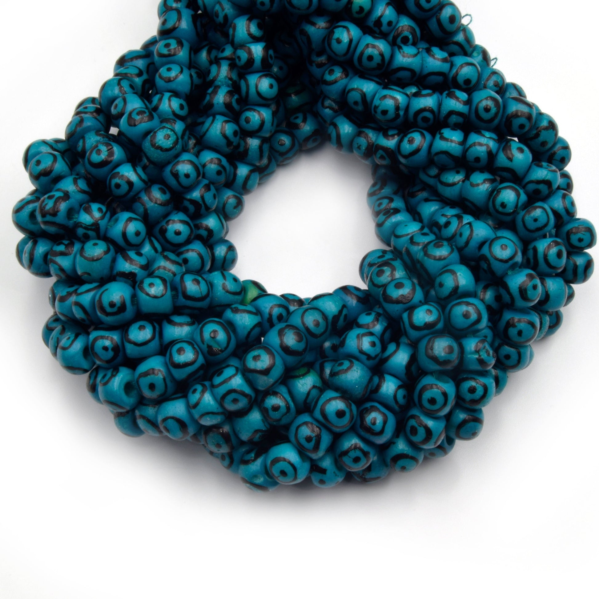 Bone Beads | Batik Ox Bone Rondelle Beads | Teal Bullseye Painted Bone Beads | 6mm 8mm 10mm Available