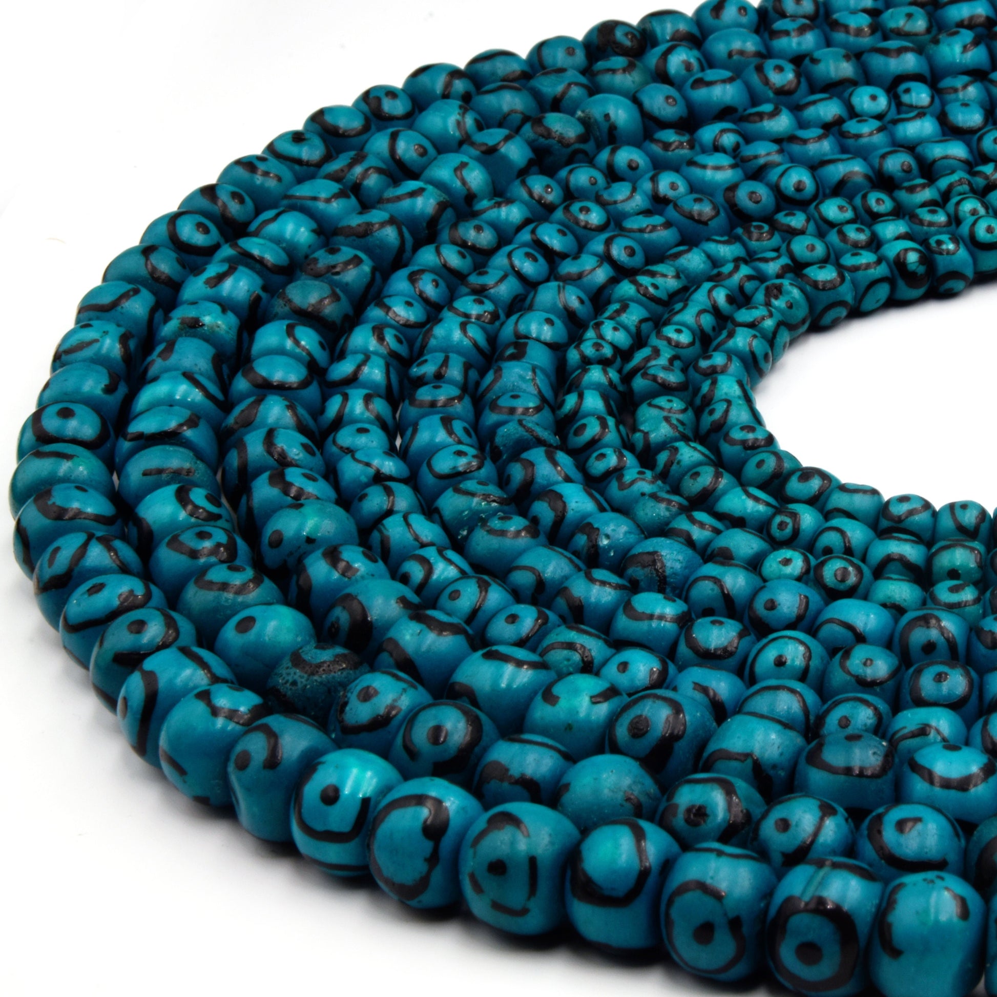 Bone Beads | Batik Ox Bone Rondelle Beads | Teal Bullseye Painted Bone Beads | 6mm 8mm 10mm Available