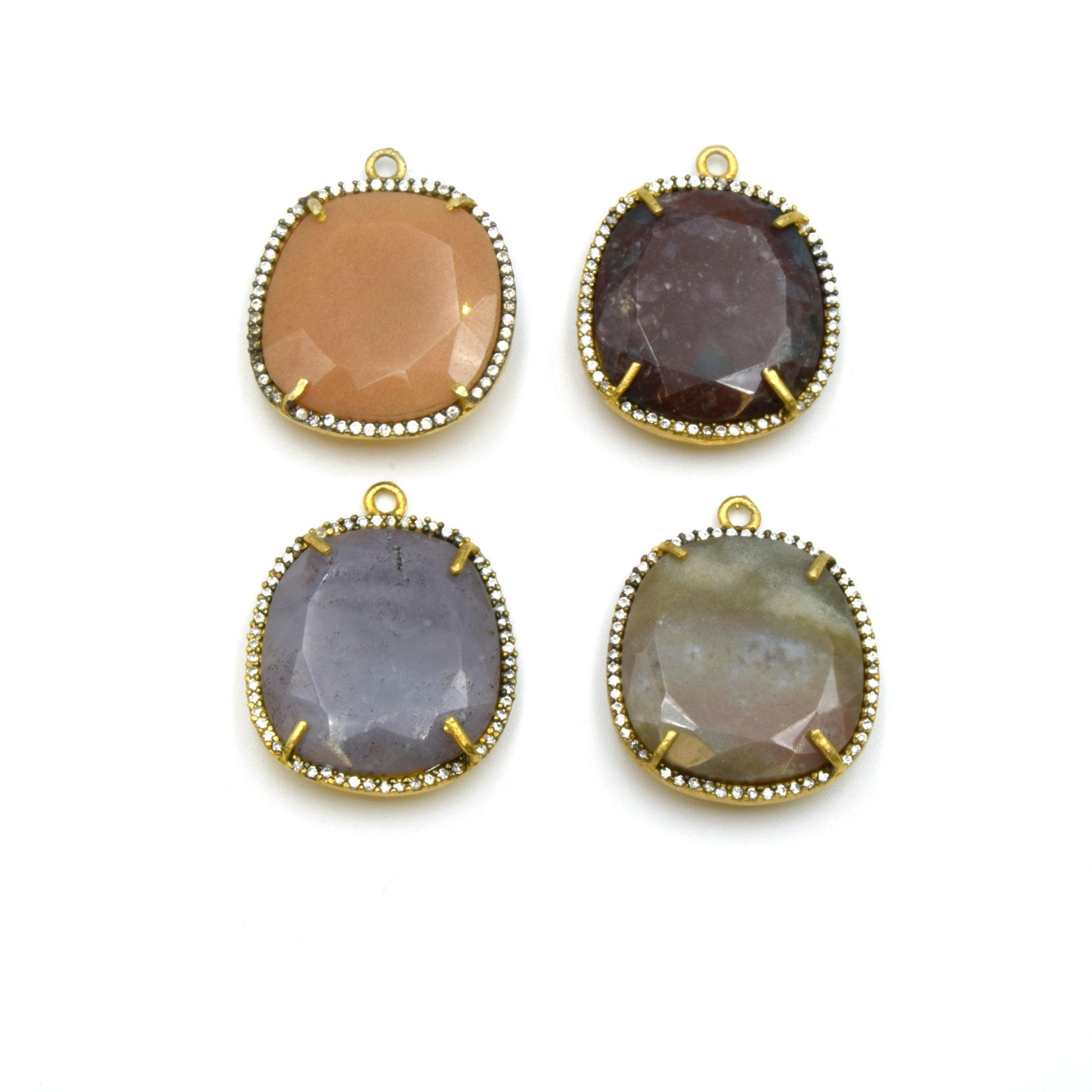 Agate Bezel | Gold Finish CZ Cubic Zirconia Rimmed Faceted Natural Wide Oval Shaped Pendant - Measures 22.5mm x 24mm - Sold Individually