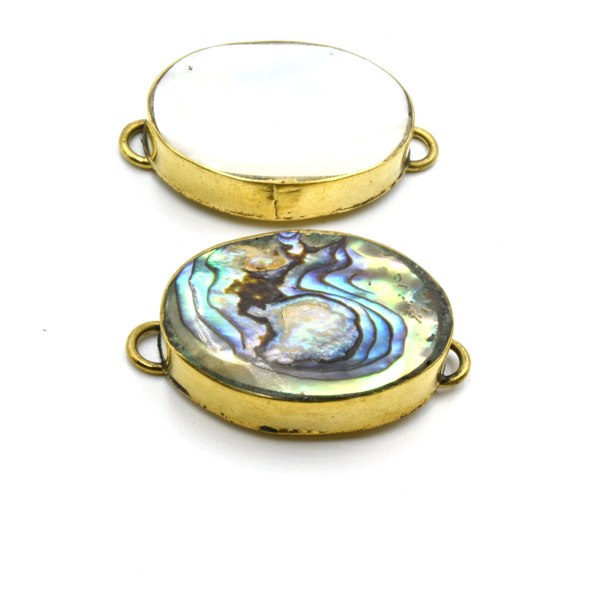 Iridescent White Natural Abalone Shell Fat Oval Shaped Gold Plated Bezel Connector- White & Rainbow