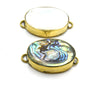 Iridescent White Natural Abalone Shell Fat Oval Shaped Gold Plated Bezel Connector- White & Rainbow