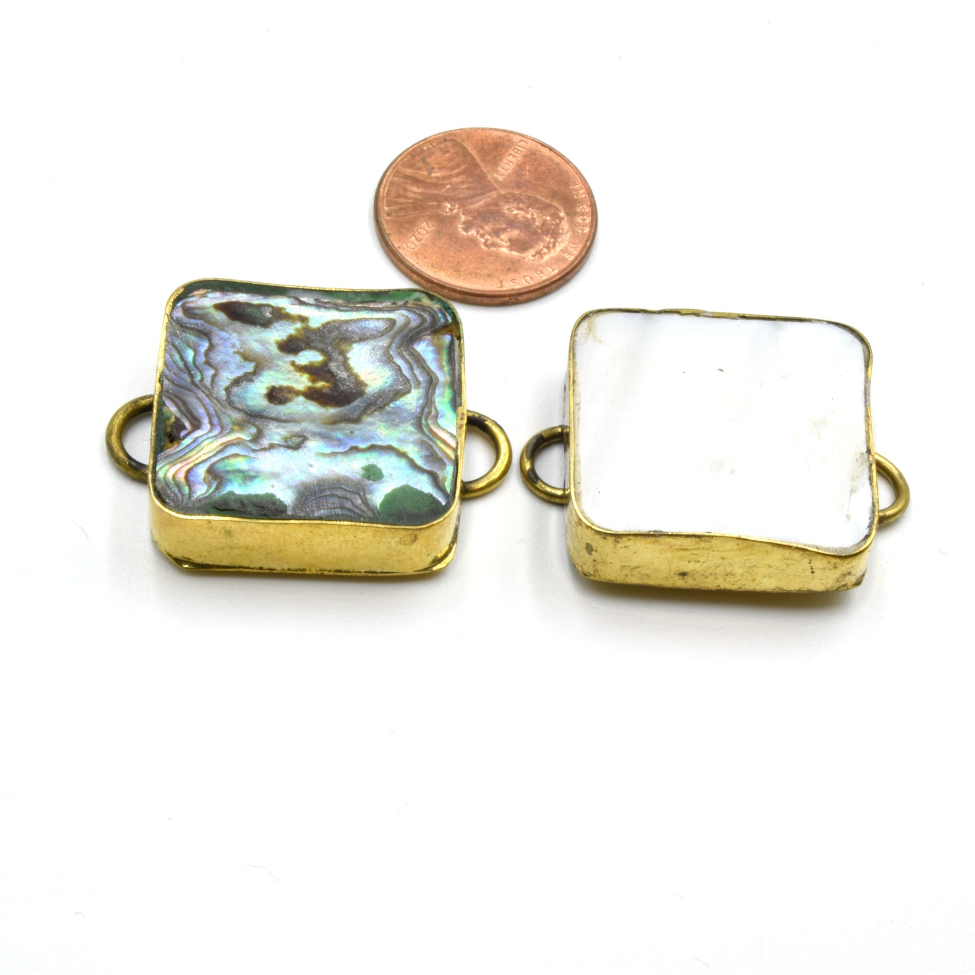 Iridescent Rainbow Natural Abalone Shell Square Shaped Gold Plated Bezel Connector