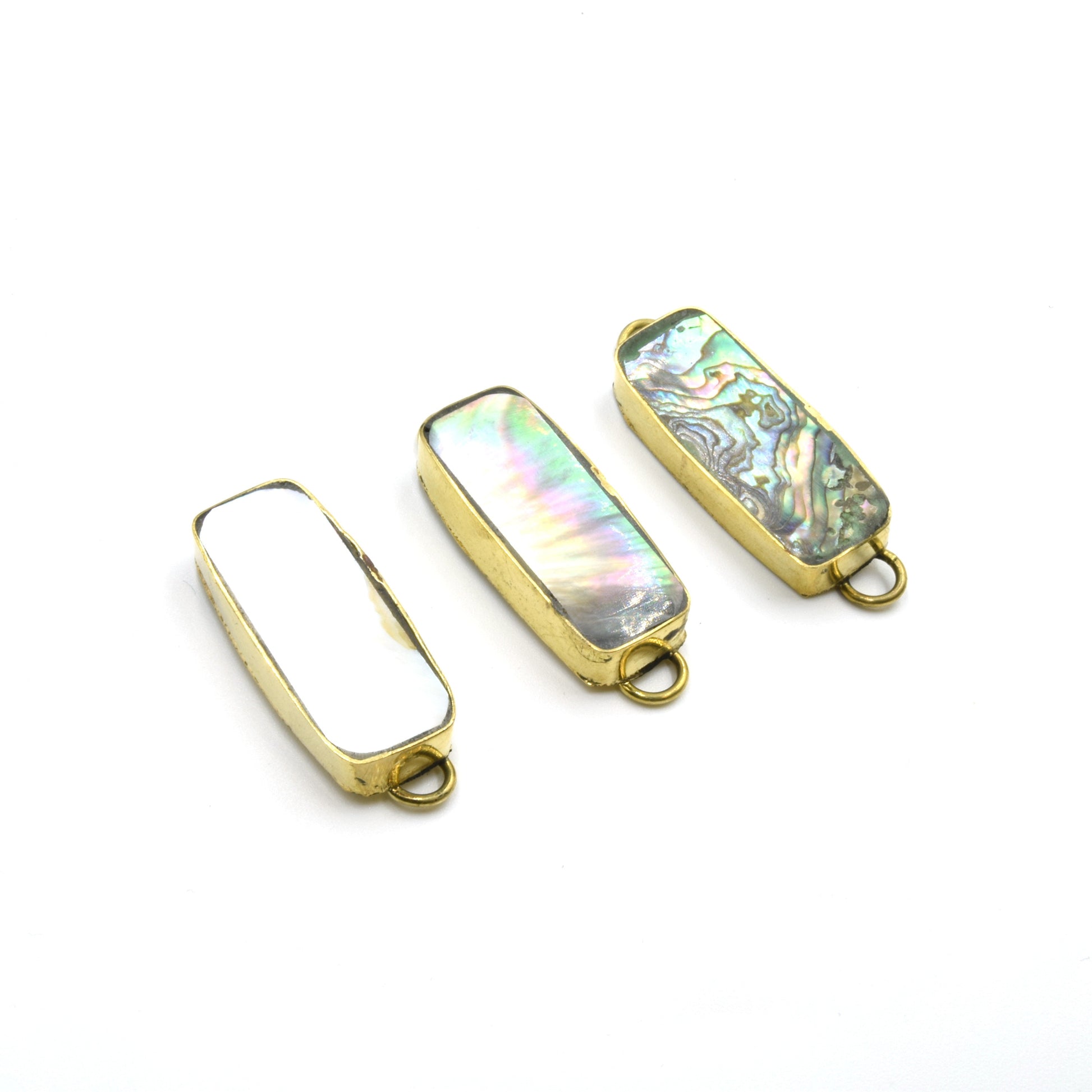 Iridescent Abalone Shell Long Rectangle Shaped Gold Plated Bezel Connector- White, Gray and Rainbow available