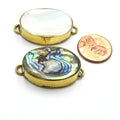 Iridescent White Natural Abalone Shell Fat Oval Shaped Gold Plated Bezel Connector- White & Rainbow