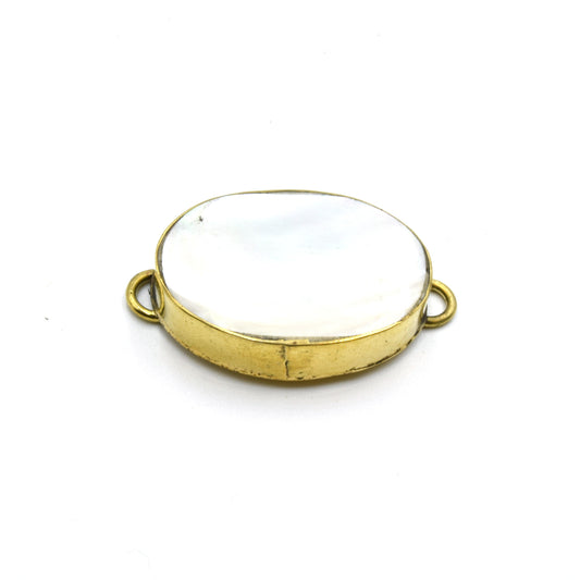 Iridescent White Natural Abalone Shell Fat Oval Shaped Gold Plated Bezel Connector- White & Rainbow