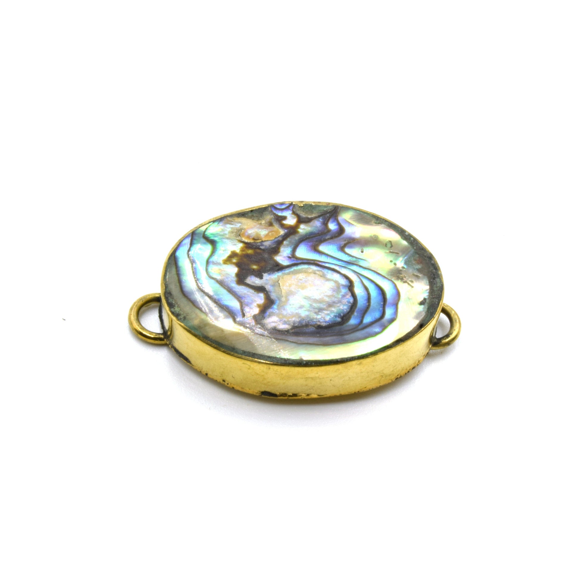 Iridescent White Natural Abalone Shell Fat Oval Shaped Gold Plated Bezel Connector- White & Rainbow