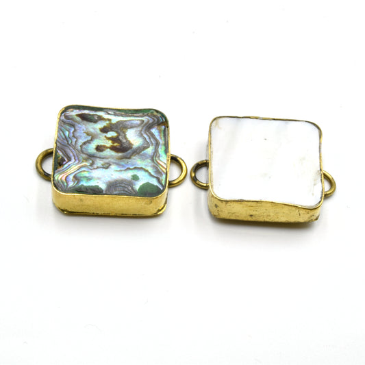 Iridescent Rainbow Natural Abalone Shell Square Shaped Gold Plated Bezel Connector