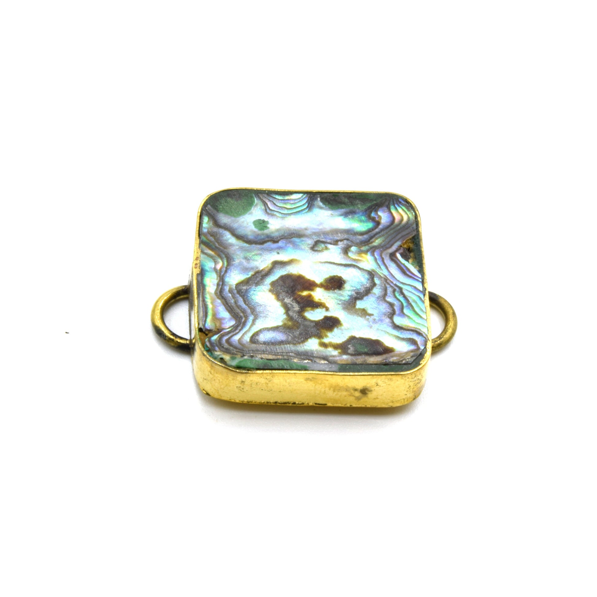 Iridescent Rainbow Natural Abalone Shell Square Shaped Gold Plated Bezel Connector