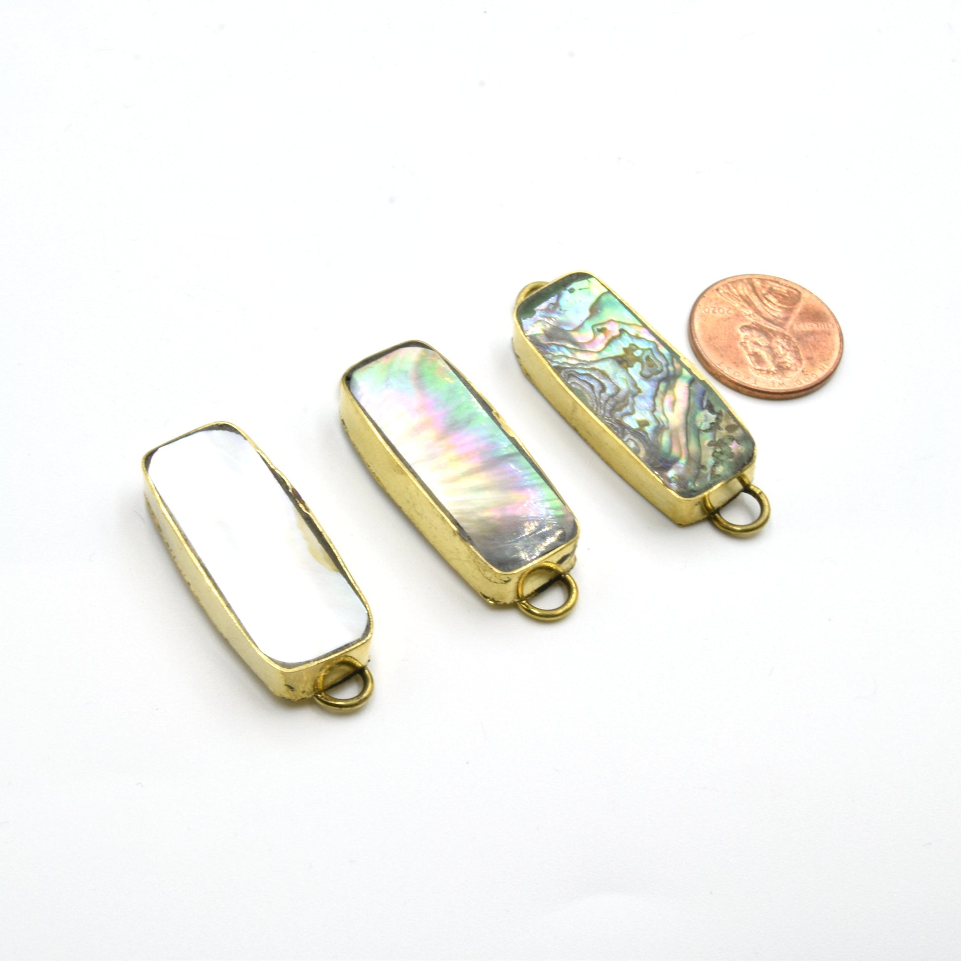 Iridescent Abalone Shell Long Rectangle Shaped Gold Plated Bezel Connector- White, Gray and Rainbow available