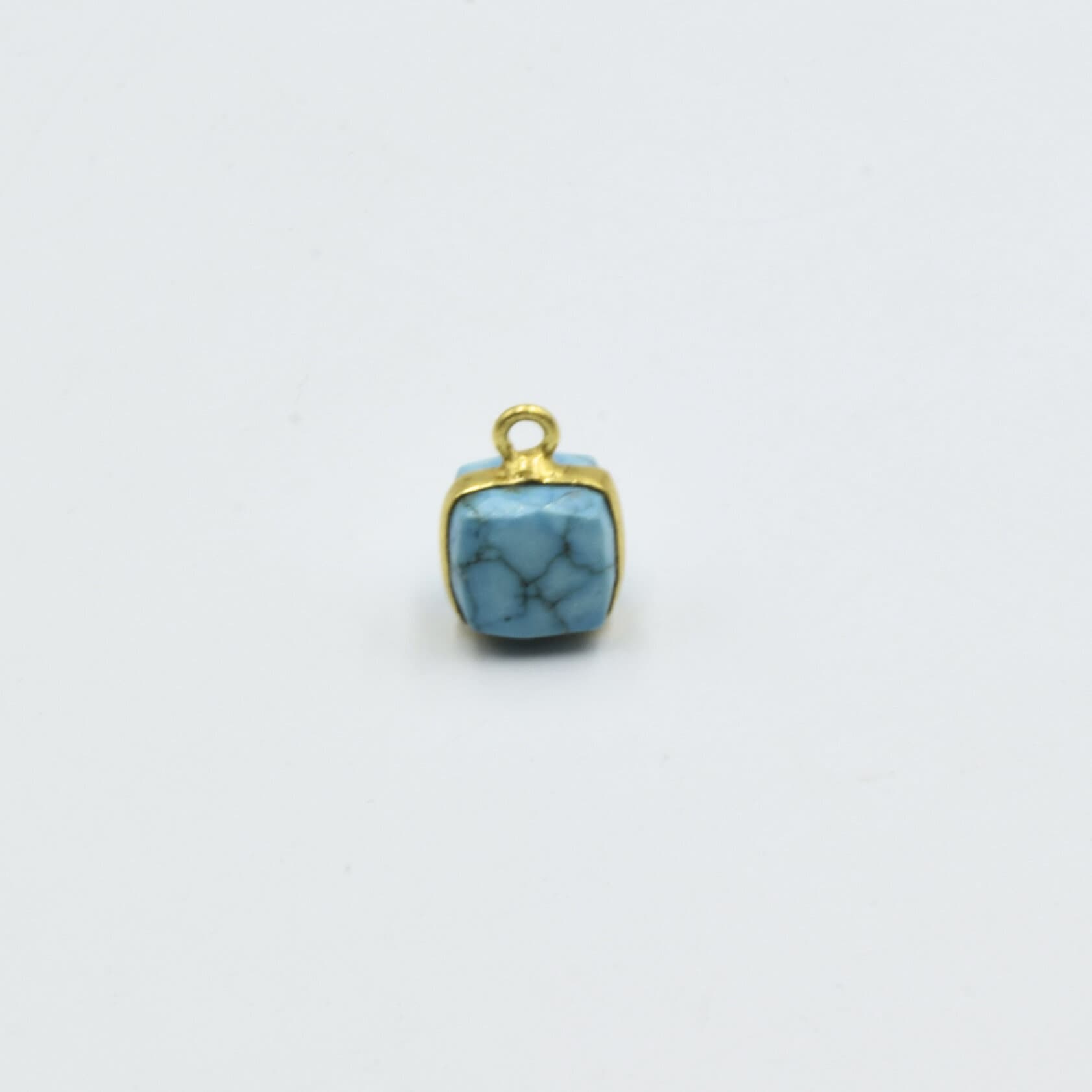 Faceted Turquoise Cube Shaped Gold Plated Copper Bezel Connector - Measuring 7-8mm - Natural Gemstone - Sold Individually