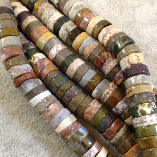 3-5 x 10mm Natural Ocean Jasper Glossy Finish Heishi/Disc Beads with 2.5mm Holes - 7.75" Strand (Approx. 45-55 Beads) - LARGE HOLE BEADS