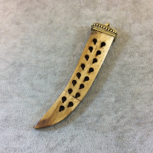 4" Light Brown Flat Tusk/Claw Shaped Natural Ox Bone Pendant with Teardrop Carvings and Dotted Cap - Measuring 20mm x 105mm - (TR054-LB)