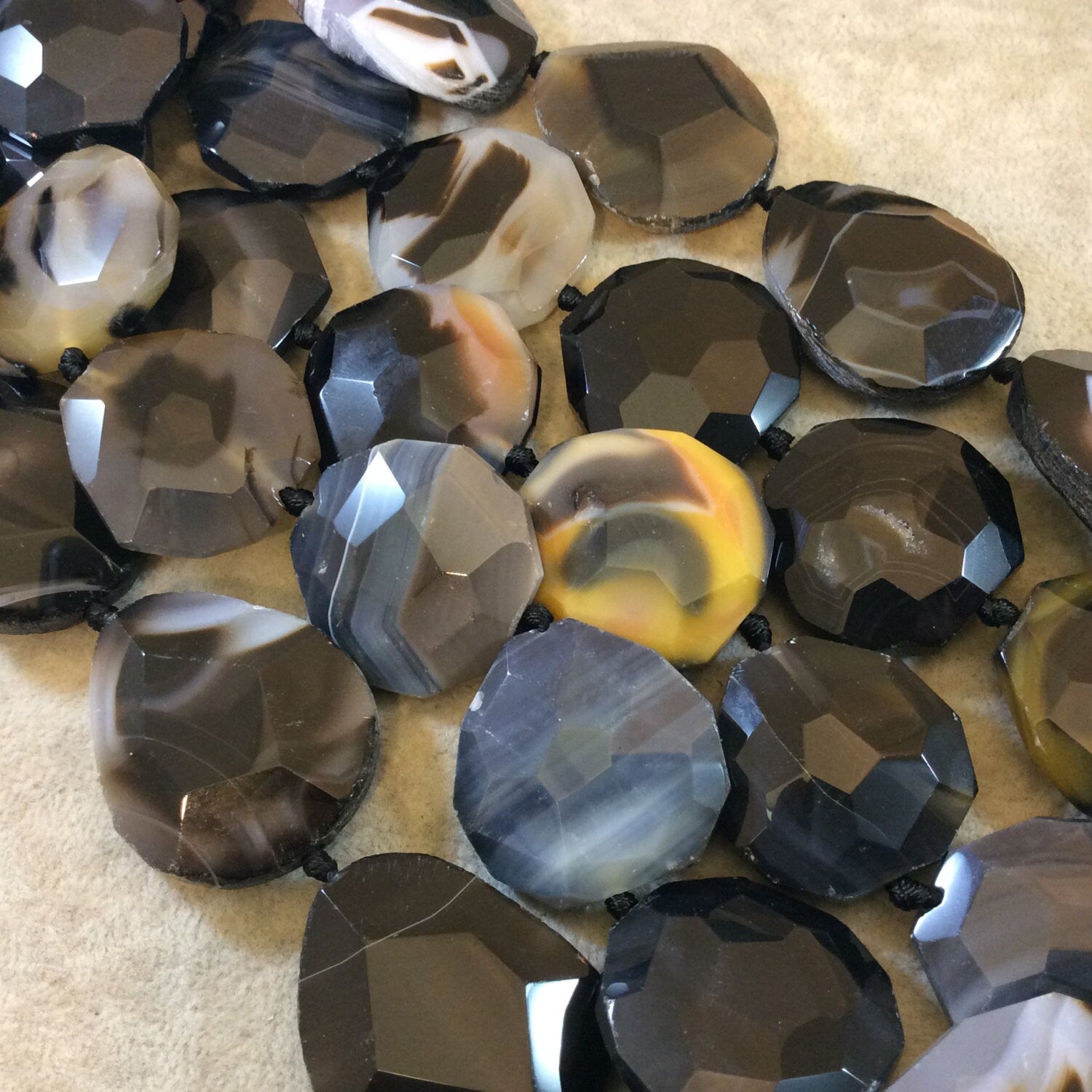 Faceted Black/Cream Banded Agate Slab Beads - 16" Strand (Approximately 9-10 Beads) - Measuring 35mm x 40mm - Natural Semiprecious Gemstone