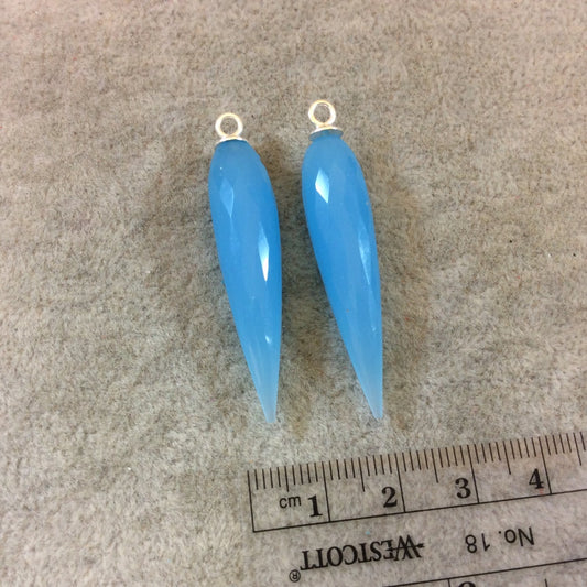 One Pair of Large Sterling Silver Finish Faceted Spike Opaque Sky Blue Quartz Bezel Components - Measuring 10mm x 35-40mm - Natural Gemstone