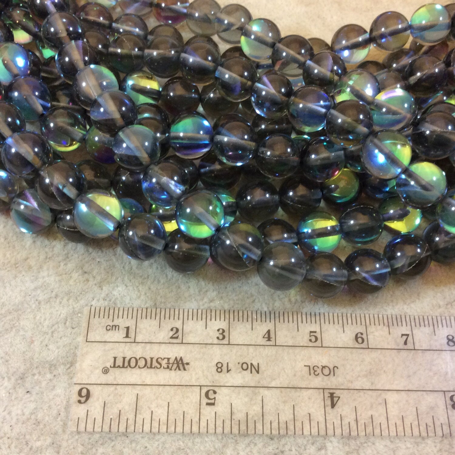 10mm Smooth Transparent Gray Round/Ball Shaped Synthetic Glass Moonstone Beads - 15.5" Strand (Approx. 39 Beads) - Manmade Faux Gemstone