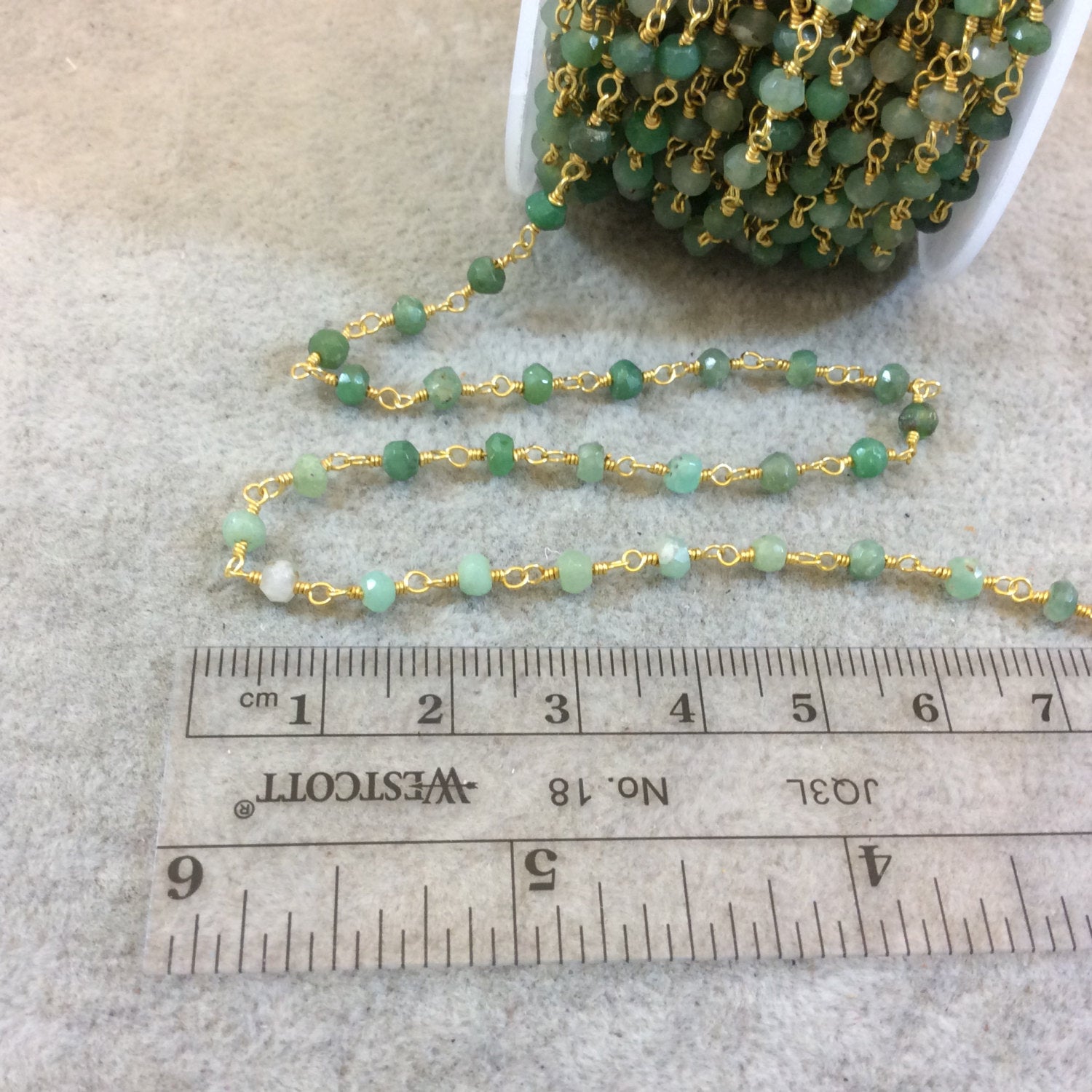 Gold Plated Copper Wrapped Rosary Chain with 4mm Faceted Natural Chrysoprase Rondelle Shaped Beads (CH118-GD) - Sold by 1' Cut Sections!