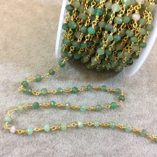 Gold Plated Copper Wrapped Rosary Chain with 4mm Faceted Natural Chrysoprase Rondelle Shaped Beads (CH118-GD) - Sold by 1' Cut Sections!