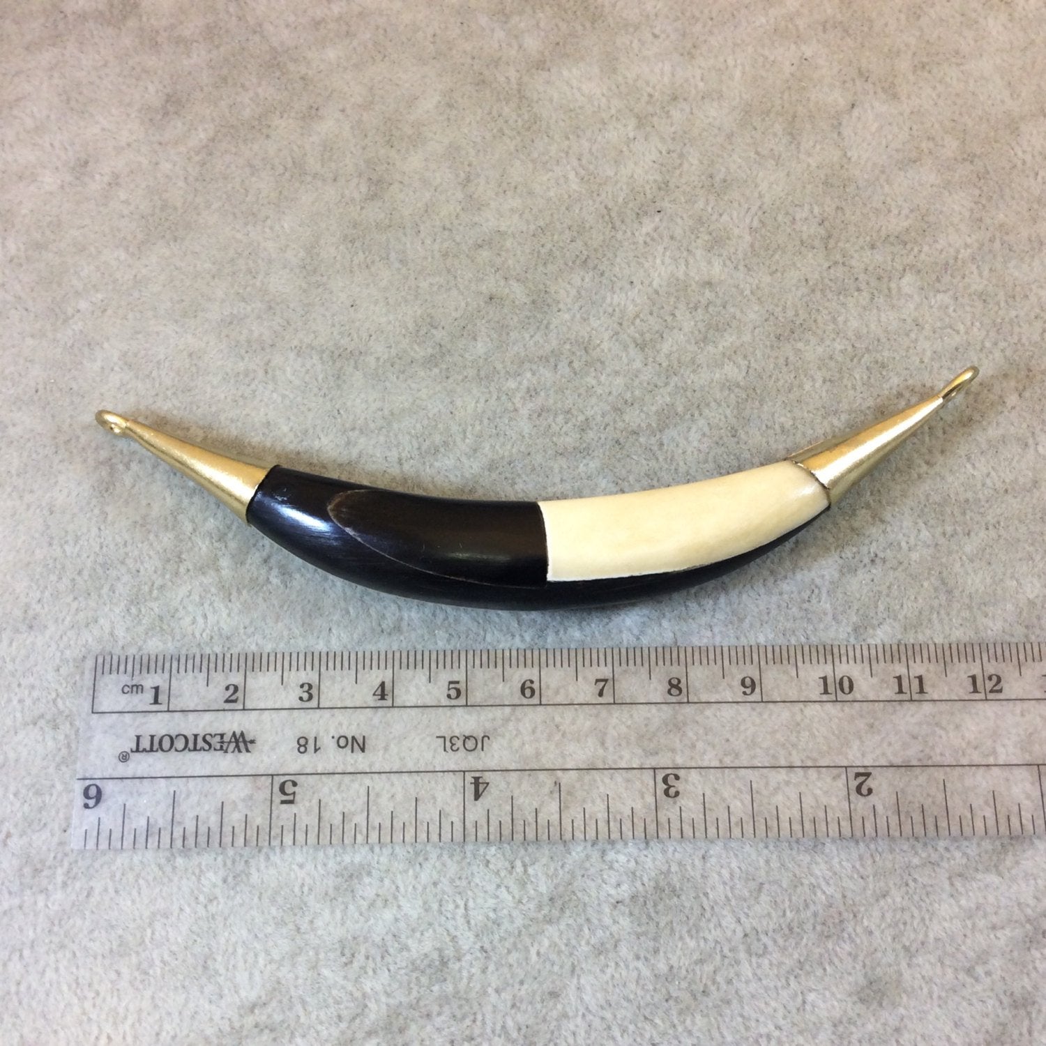 4.75" Black/White Long Double Bail Boat Crescent Shaped Natural Ox Bone Pendant with Gold Rings - Measuring 14mm x 120mm