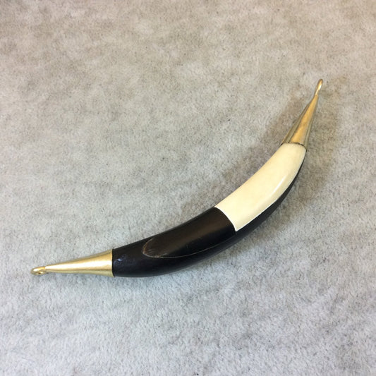 4.75" Black/White Long Double Bail Boat Crescent Shaped Natural Ox Bone Pendant with Gold Rings - Measuring 14mm x 120mm