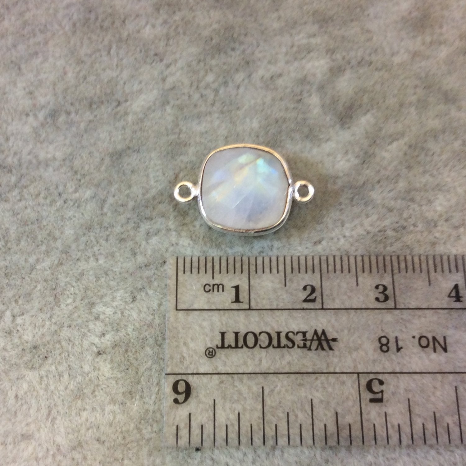 Silver Finish Faceted Moonstone Square Shaped Bezel Connector Component - Measuring 12mm x 12mm - Natural Semi-precious Gemstone