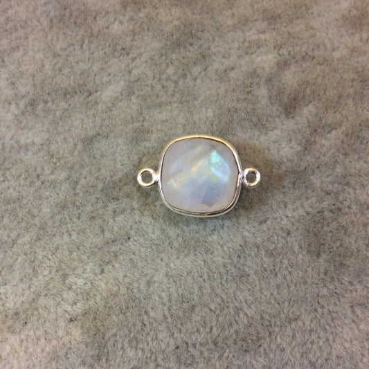 Silver Finish Faceted Moonstone Square Shaped Bezel Connector Component - Measuring 12mm x 12mm - Natural Semi-precious Gemstone