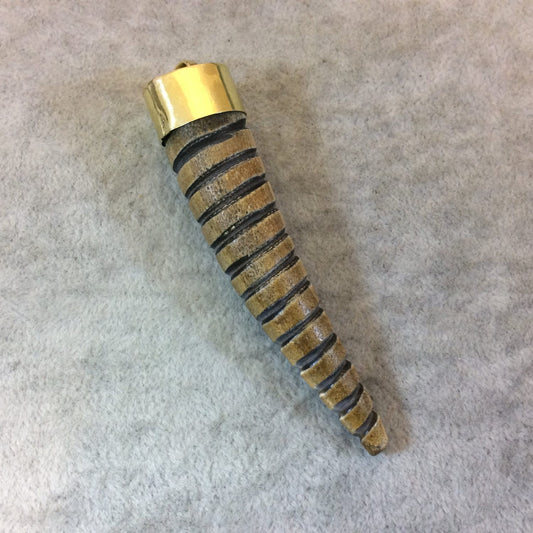 SALE - 3" Carved Wood Outer Spiral Design Tusk/Claw Pendant with Smooth Brass/Gold Cap - Measuring 18mm x 80mm, Approx. - Sold Individually