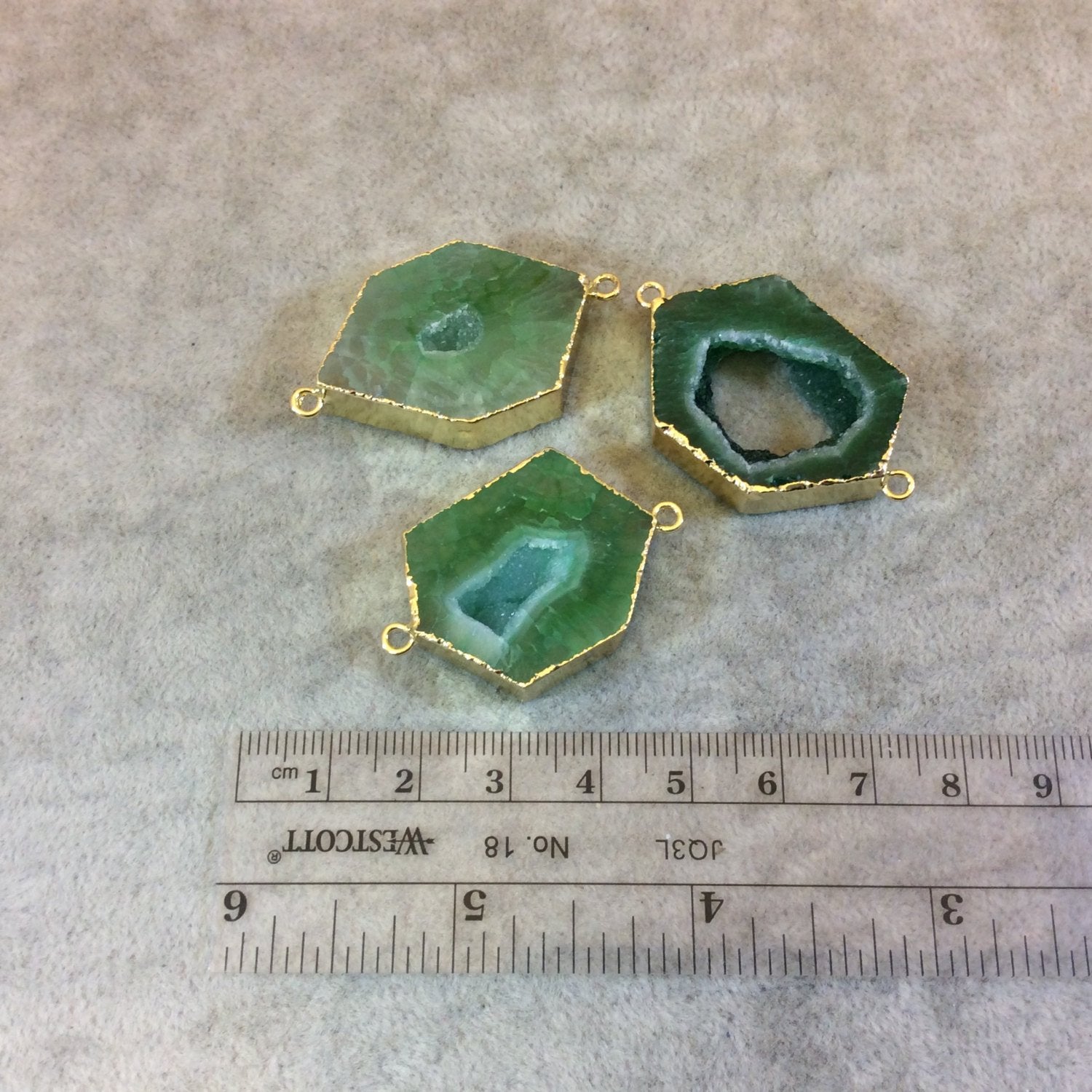 Gold Finish Electroformed Druzy Green Agate Hex Connector - Measuring 20-25mm x 30-35mm, Approximately - Sold Individually, Random