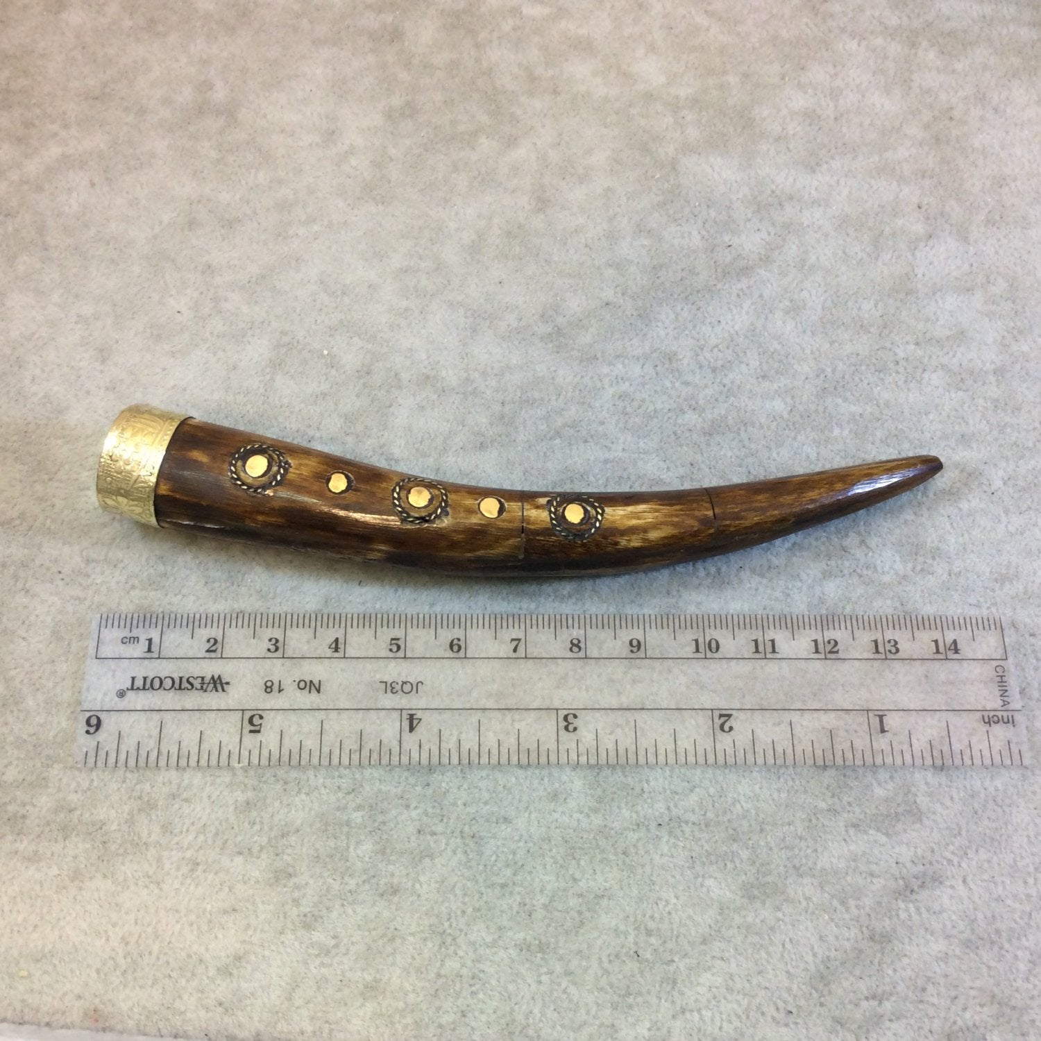 SALE - 6" Long Spot Bevel Inlay Brown Ox Bone Tusk/Claw Shaped Pendant with Floral Patterned Gold Cap - Measuring 20mm x 145mm