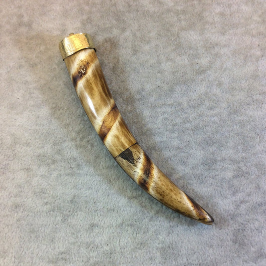 SALE - 5" Spiral Striped LightBrown Round Tusk/Claw Shaped Natural OxBone Pendant with Gold Floral Cap - Measuring 18mm x 130mm