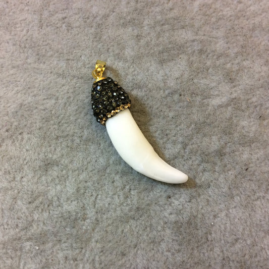 Rhinestone Encrusted Tusk/Claw Shaped White Bone Fang/Tooth Pendant - Measuring 10mm x 35-40mm, Approx. - Sold Individually