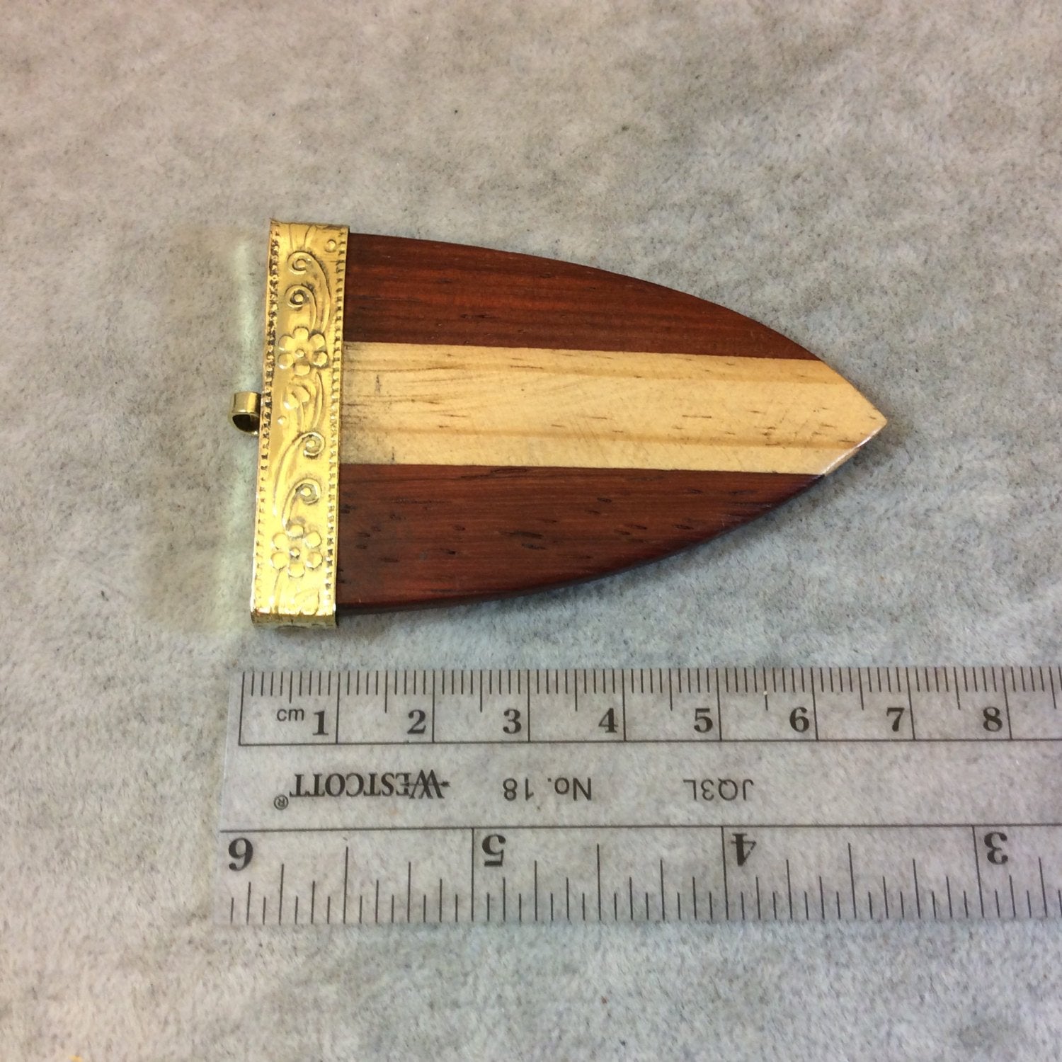 SALE - 2.75" Natural/Burgundy Rounded Flat Arrow Tusk Shaped Natural Wood Pendant with Gold Floral Cap - Measuring 47mm x 70mm