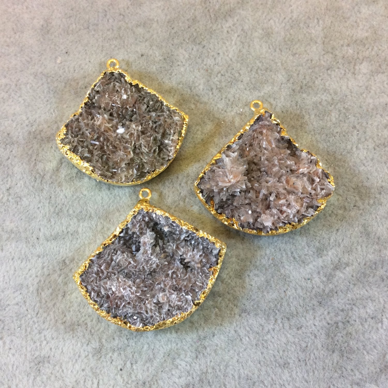 Gold Electroplated Natural Tan Dolomite Cluster (Star Druzy) Fan/Scallop Shaped Pendant - Measuring 38mm x 30mm - Sold Individually, Random