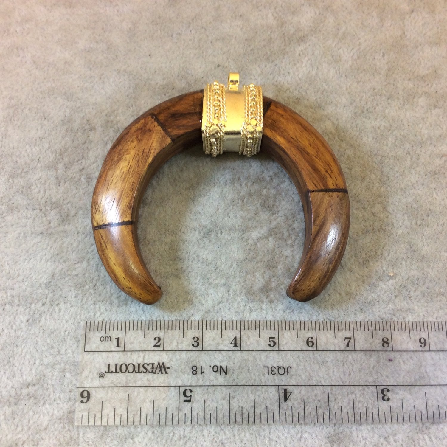 2.75" Medium Brown Double Ended Crescent Shaped Natural Wooden Pendant with Fancy Gold Bail - Measuring 70mm x 60mm, Approx.