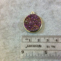 Gold Finish Lavender/Purple Round/Coin Shaped Natural Druzy Agate Bezel Pendant Component - Measures 20mm x 20mm - Sold Individually