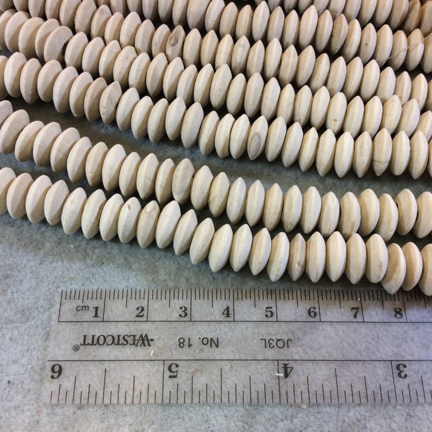 12mm Light Unfinished Saucer Shaped Natural Wooden Beads with 3mm Holes - Sold by 16" Strands (Approx. 89 Beads) - Carved Wood Beads