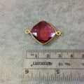 Gold Finish Faceted Diamond Shaped Fuchsia Pink Quartz Bezel Two Ring Connector Component - Measuring 18mm x 18mm - Natural Gemstone